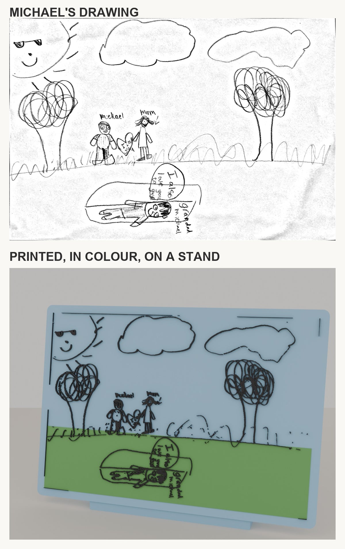 A child's drawing 3D printed as a colour keepsake plaque with a stand, made by Formex 3D Lab in Auckland New Zealand