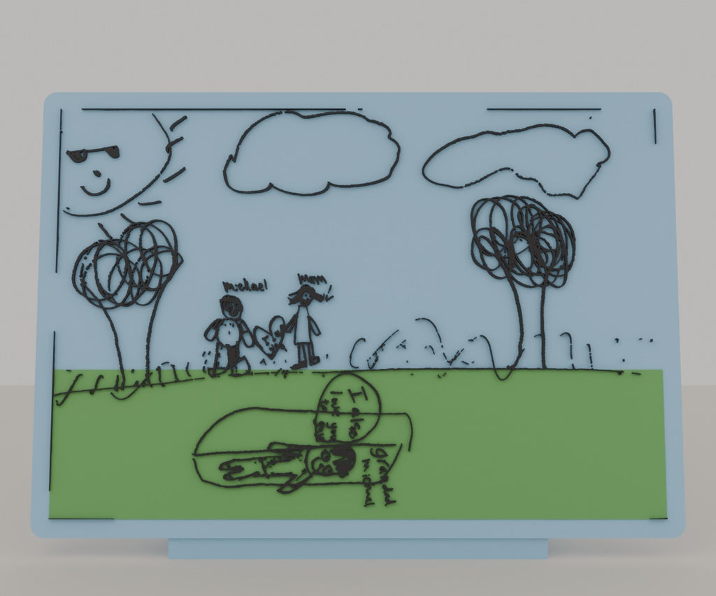 A child's drawing 3D printed as a colour keepsake plaque with a stand, made by Formex 3D Lab in Auckland New Zealand