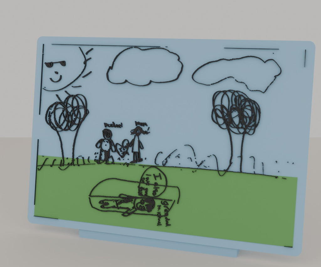 A child's drawing 3D printed as a colour keepsake plaque with a stand, made by Formex 3D Lab in Auckland New Zealand