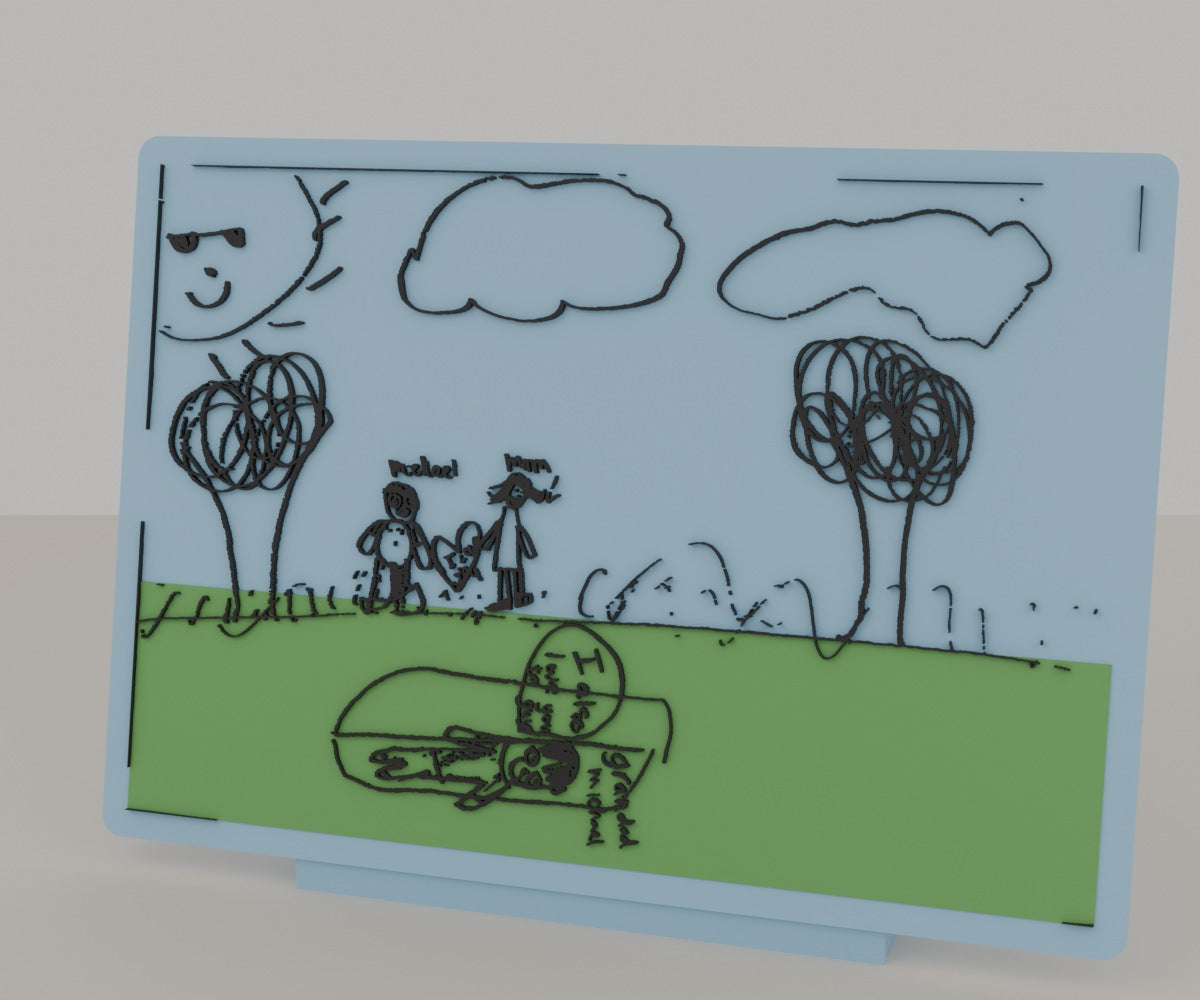 A child's drawing 3D printed as a colour keepsake plaque with a stand, made by Formex 3D Lab in Auckland New Zealand