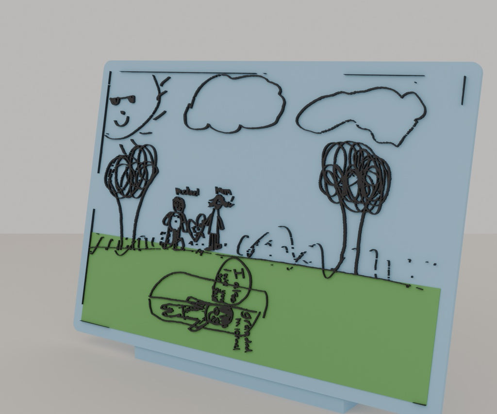 A child's drawing 3D printed as a colour keepsake plaque with a stand, made by Formex 3D Lab in Auckland New Zealand