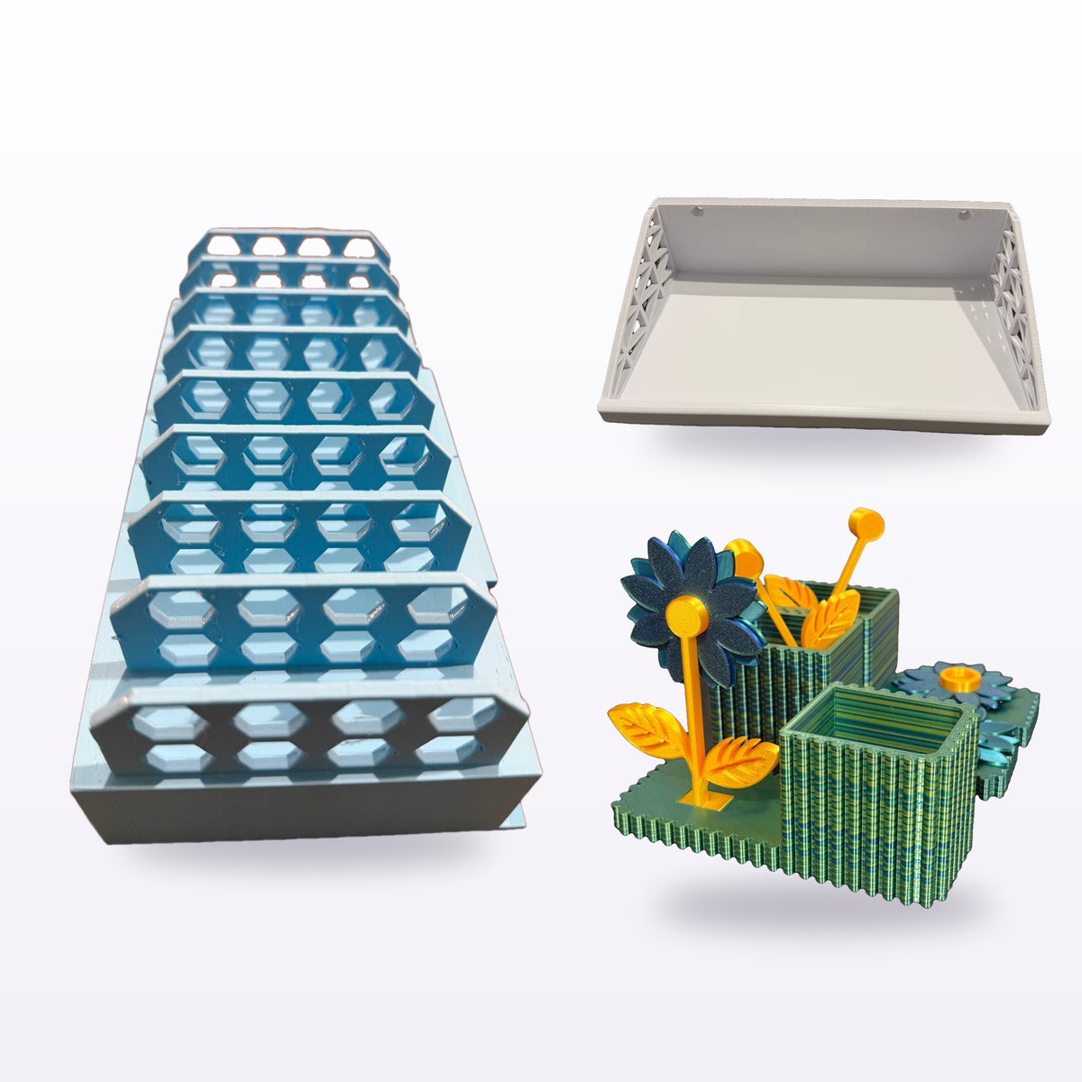The complete Formex 3D Lab desk set — stand, tray and flower organiser