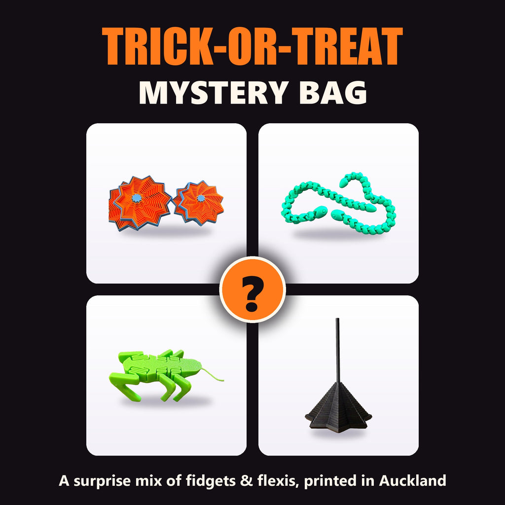 Trick-or-treat mystery bag of 3D printed fidgets and flexis by Formex 3D Lab, Auckland NZ