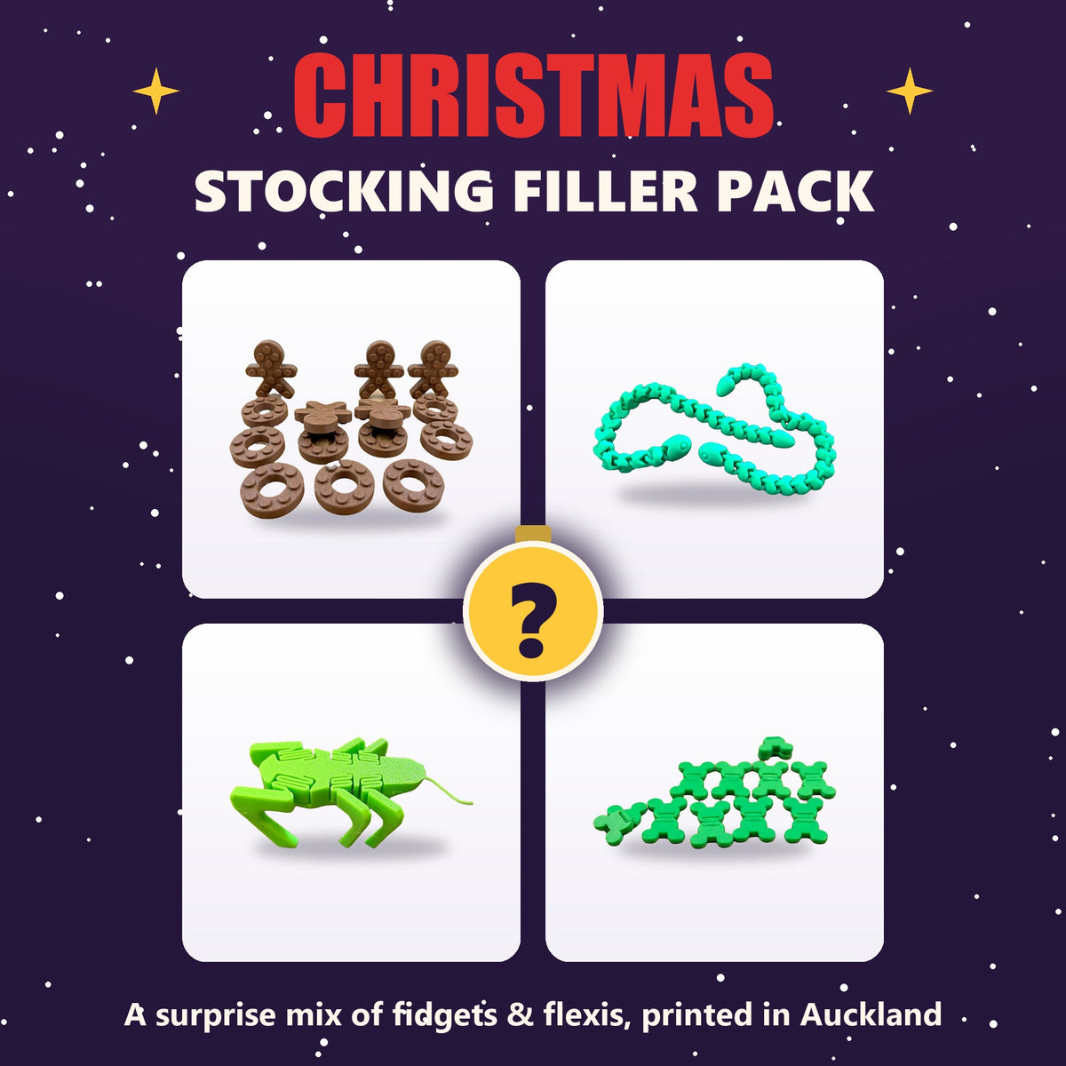 Christmas stocking filler pack of 3D printed fidgets and flexis by Formex 3D Lab, Auckland NZ